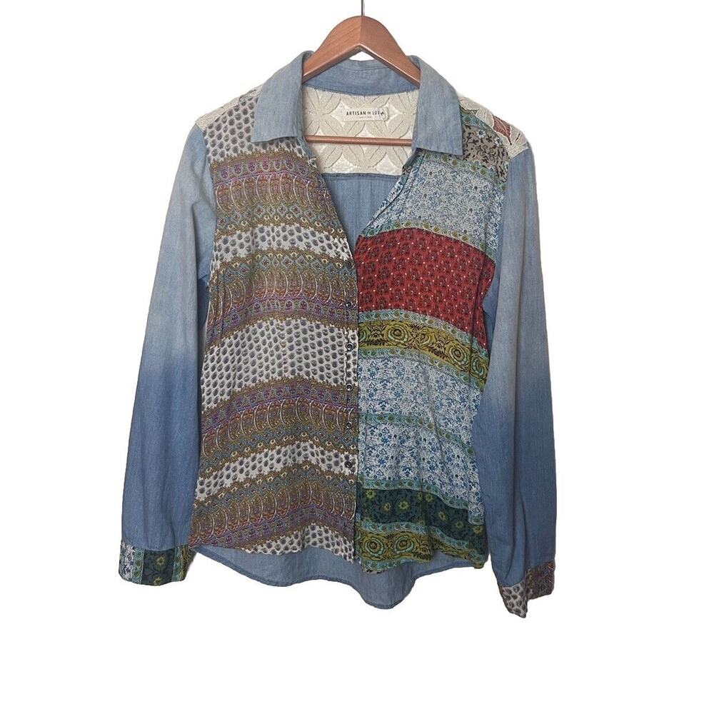 Artisan De Luxe Women’s Sz Medium Chambray Patchwork Floral Lace Button Up Shirt